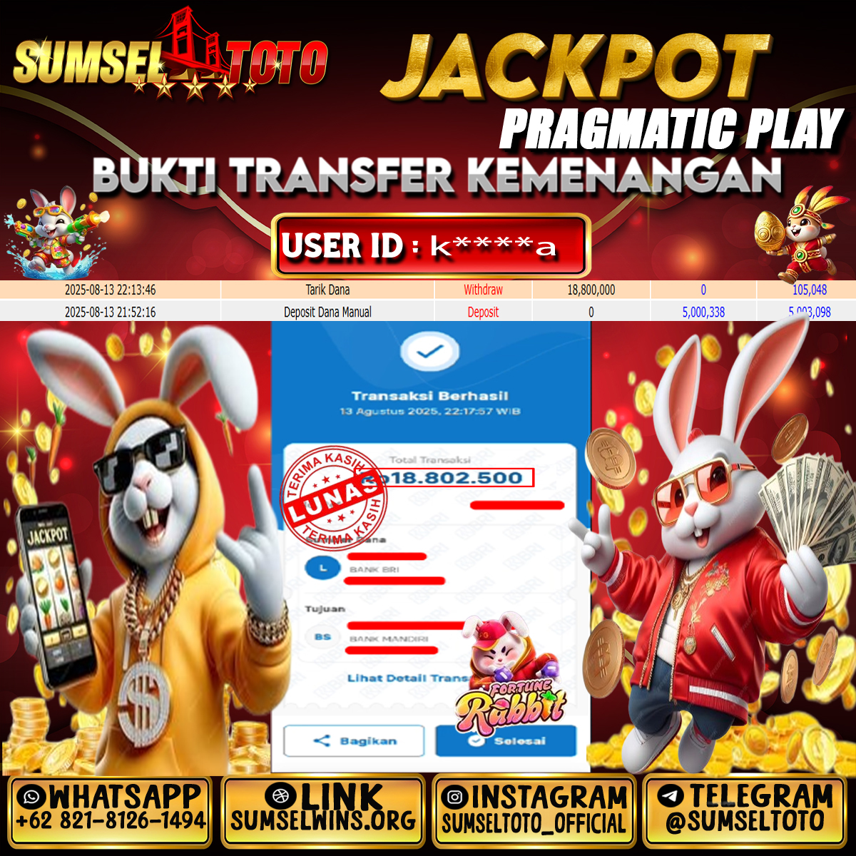 SUMSELTOTO JACKPOT FORTUNE RABBIT Rp.18,000,000.,- LUNAS